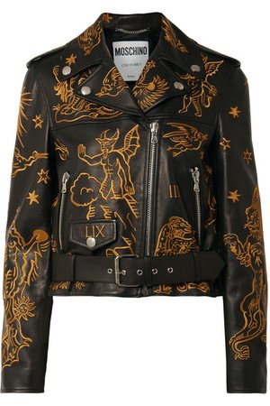 Moschino | Embroidered leather biker jacket | NET-A-PORTER.COM