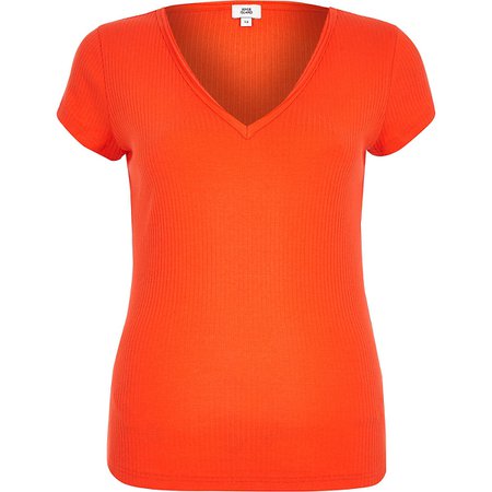 Orange ribbed V neck T-shirt - T-Shirts - Tops - women
