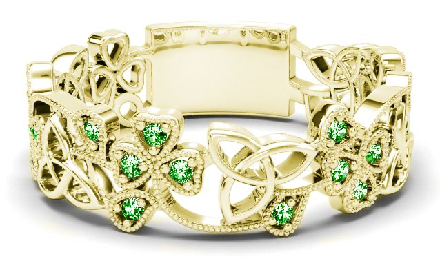 8mm Gold Emerald .13cts Shamrock Celtic Knot Band Ring Unisex Mens Ladies