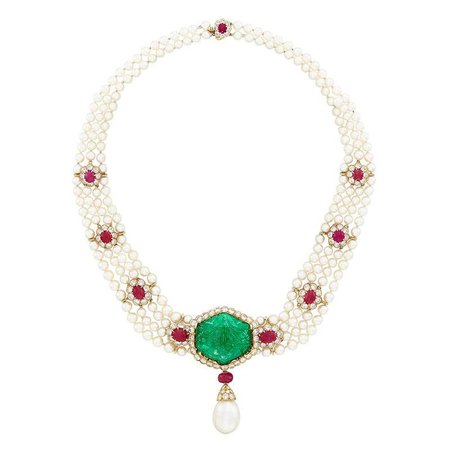 Van Cleef and Arpels Emerald Pearl Ruby Necklace For Sale at 1stdibs