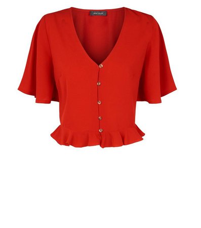 Red Frill Hem Button Up Blouse | New Look