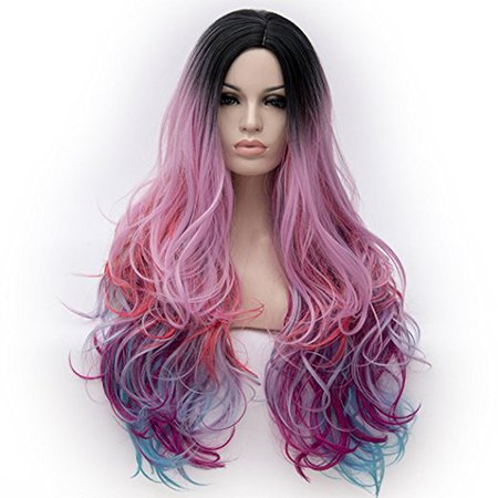 Alacos Synthetic 75CM Long Curly Rainbow Color Ombre Halloween Costumes Cosplay Harajuku Wigs for Women Lady Girl +Free Wig Cap (Rainbow Color Ombre #4)
