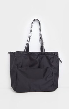 Prettylittlething Black Drawstring Nylon Tote Bag | PrettyLittleThing