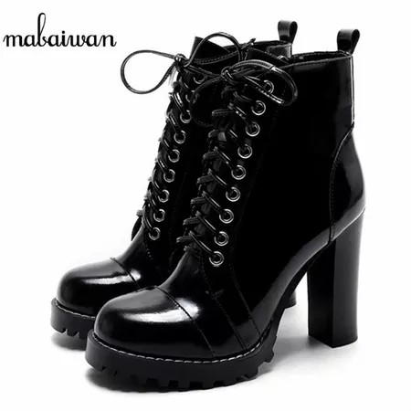 Mabaiwan 2017 Black Women Patent Leather Ankle Boots Chunky High Heel Casual Shoes Woman Platform Short Martin Boots Women Pumps-in Ankle Boots from Shoes on Aliexpress.com | Alibaba Group
