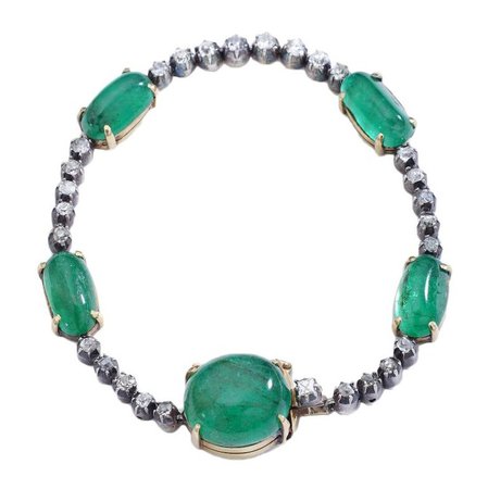 Antique Cabochon Emerald Diamond Bracelet For Sale at 1stdibs