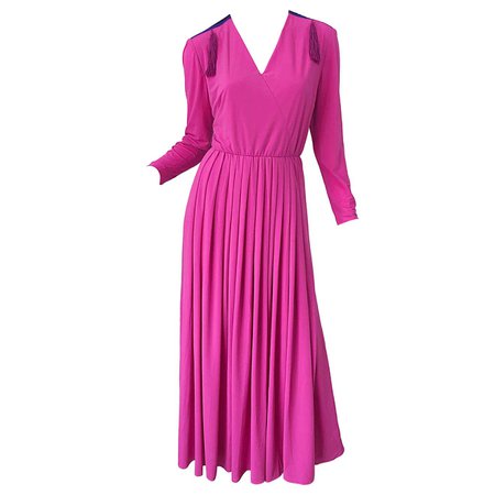 1970s Fink Modell Hot Pink Tassel Rayon Jersey Vintage 70s Maxi Dress Gown For Sale at 1stDibs