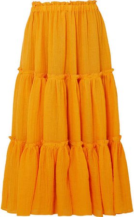 Tiered Linen-blend Gauze Midi Skirt - Orange