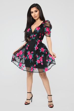 Looking Beautiful Floral Mini Dress - Black/Pink
