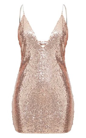 Rose Gold Chain Strap Sequin Plunge Bodycon Dress | PrettyLittleThing