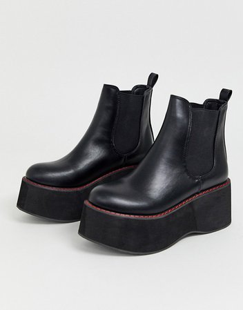 Koi vegan extreme platform ankle boots in black with red stitching | ASOS