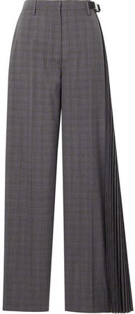 Pleated Checked Wool-blend Wide-leg Pants - Gray