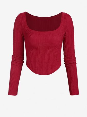 Crinkle Knitted Curved Hem T Shirt In RED | ZAFUL 2023