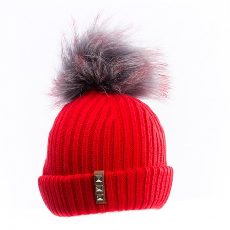 BKLYN Red/Grey/Red Womens Pom Pom Hat