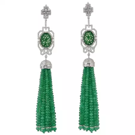 Carved Jade Emerald Diamond 18 Karat Gold Tassel Earrings For Sale at 1stDibs