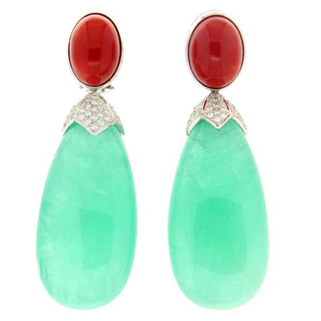 Handcraft Emeralds 18 Karat White Gold Coral Diamonds Drop Earrings For Sale at 1stDibs