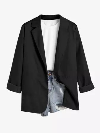Women's Solid Color Lapel Collar Padded Shoulder Long Sleeves Open Front Office Work Blazer In BLACK | ZAFUL 2023