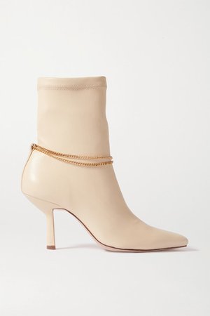 Chain-embellished Leather Ankle Boots - Cream
