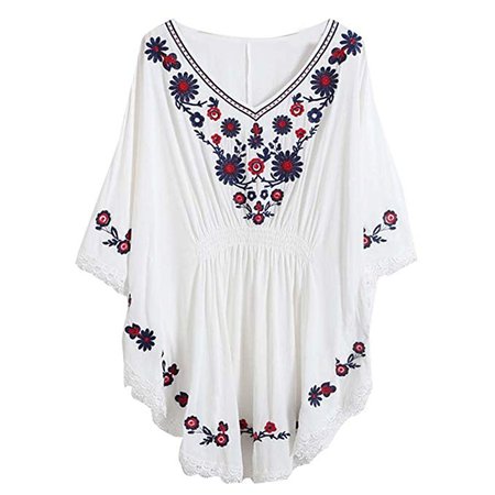 Kafeimali Women's Batwing Dressy Tunic Peasant Tops Mexican Embroidery Blouse (White) at Amazon Women’s Clothing store: