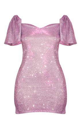 Purple Glitter Puff Sleeve Low Back Bodycon Dress | PrettyLittleThing