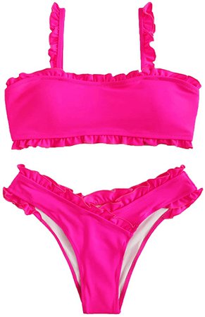 SweatyRocks Women's Bathing Suits Spaghetti Strap Ruffle Wrap Bikini Set Two Piece Swimsuits Hot Pink Medium : Clothing, Shoes & Jewelry