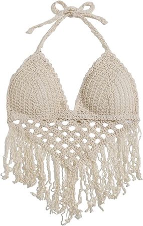 Amazon.com: MakeMeChic Women's Crochet Halter Tie Backless Tassel Bikini Top Bathing Cami Tops Beige S : Clothing, Shoes & Jewelry