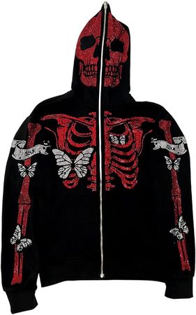 Lnzyyephy Men Womens Skeleton Zip Up Hoodie Y2k Oversized Rhinestone Skull Hooded Graphic Sweatshirt Fall Thin Aesthetic Jackets (B-Black Red, L) at Amazon Women’s Clothing store