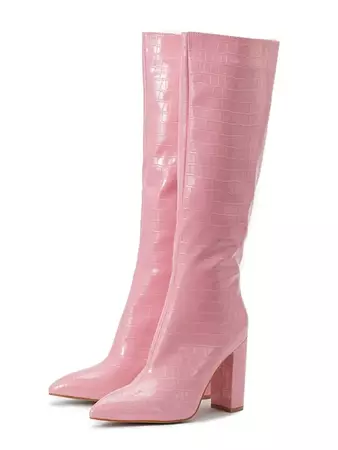 Side Zip Pointed Toe Chunky Heel Knee High Boots In LIGHT PINK | ZAFUL 2024