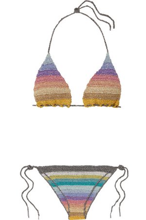 Rose Carmine | Metallic striped crochet-knit triangle bikini | NET-A-PORTER.COM