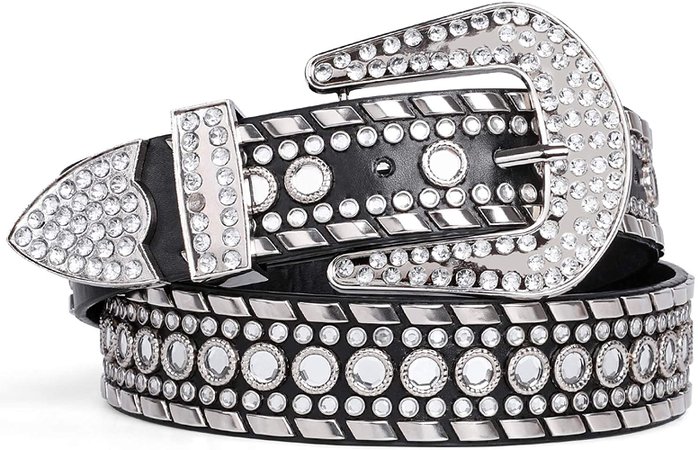 Rhinestones Belt for Women, SUOSDEY Western Cowgirl Bling Studded Black Leather Belt for Jeans Pants at Amazon Women’s Clothing store