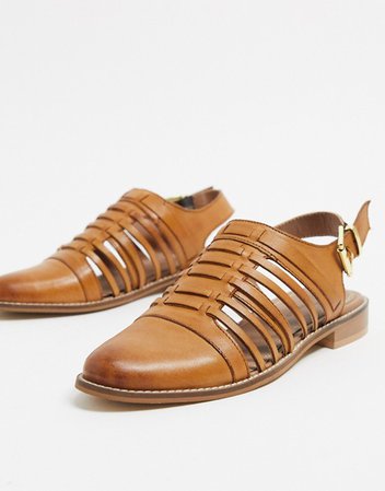 ASOS DESIGN Monica leather woven flat shoes in tan | ASOS