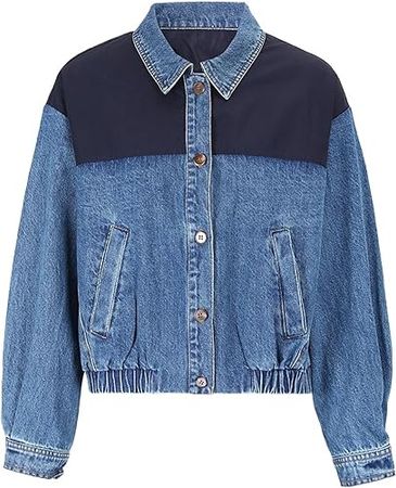 Amazon.com: Women Loose Fit Blue Denim Color-block Big Size Jacket Lapel Long Sleeve Outerwear Coat : Clothing, Shoes & Jewelry