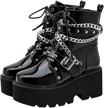 Amazon.com | Parisuit Womens Goth Patent Ankle Boots Platform Chunky High Heel Lace Up Combat Boots Punk Buckle Chain Booties-Black Size 4 | Ankle & Bootie
