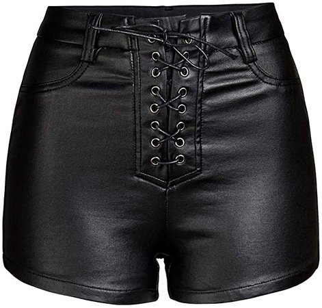 NASUN Womens High Waisted Faux Leather Shorts Drawstring Sexy PU Leather Short HS022 S Black at Amazon Women’s Clothing store