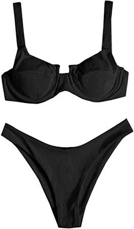 Amazon.com: SheIn Women's Two Piece Swimsuit Tie Back Wireless Bikini Set High Cut Rib Bathing Suit : Clothing, Shoes & Jewelry