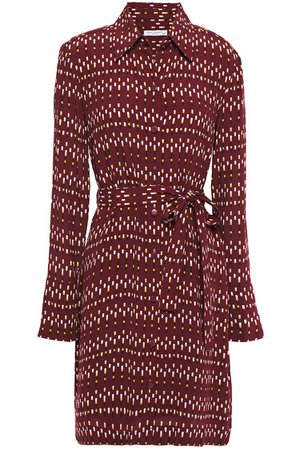 Burgundy Chansette belted printed crepe de chine mini shirt dress | Sale up to 70% off | THE OUTNET | EQUIPMENT | THE OUTNET