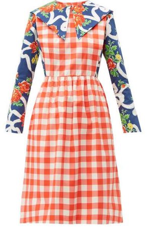 Gingham And Floral Print Cotton Dress - Womens - Multi