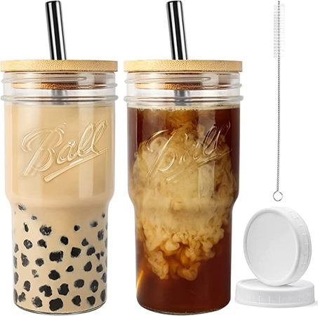 Amazon.com: Reusable Boba Cup Smoothie Tumbler Glass Bubble Tea Cup , 2 Pack Wide Mouth 22oz Iced Coffee Glasse Cup with Bamboo Lid and Straw, Mason Jar Cup Drinking Glasses Tumbler (Black, 2) : Home & Kitchen