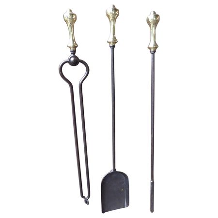 Set English Victorian Steel Brass Fireplace Fire Tools Irons Companion 19Century For Sale at 1stDibs