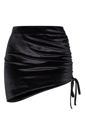 Black Velvet Ruched Side Asymmetric Skirt | PrettyLittleThing