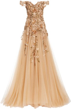 Marchesa Embroidered Tulle Off-The-Shoulder Gown