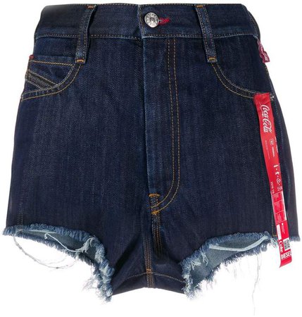 Recycled denim shorts with print and ribbon details
