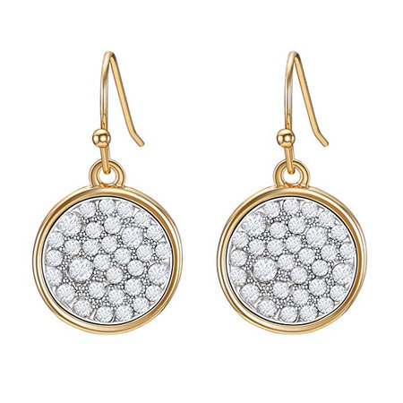 Round Crystal Paved Disc Drop Hook Earrings, Gold Tone: Clothing