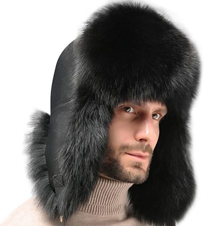 Fur Trapper Hat Winter Ushanka Russian Hat Men Fur Hats with 100% Rabbit Fur Aviator Hat with Earflaps Windproof（XL,Black） at Amazon Women’s Clothing store