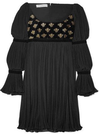 Pleated Chiffon And Velvet Mini Dress - Black