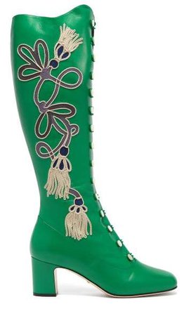 Amaya Embroidered Leather Boots - Womens - Green