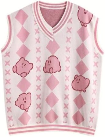 AETABP Kawaii Pink Sweater Vest Japanese Anime Cute Baggy Oversized Knit Vest for Girls Women Aesthetic Clothes at Amazon Women’s Clothing store