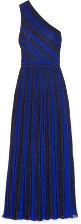 One-shoulder Striped Metallic Crochet-knit Gown - Blue