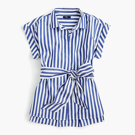 J.Crew: Button-front tie-waist top in bold stripe cotton poplin blue