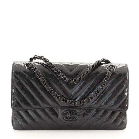 Chanel So Black Classic Double Flap Bag Chevron Crumpled Metallic Patent Medium $8,000