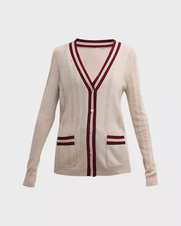 Neiman Marcus Cashmere Collection Cashmere Pointelle Knit Cardigan with Varsity Stripes | Neiman Marcus